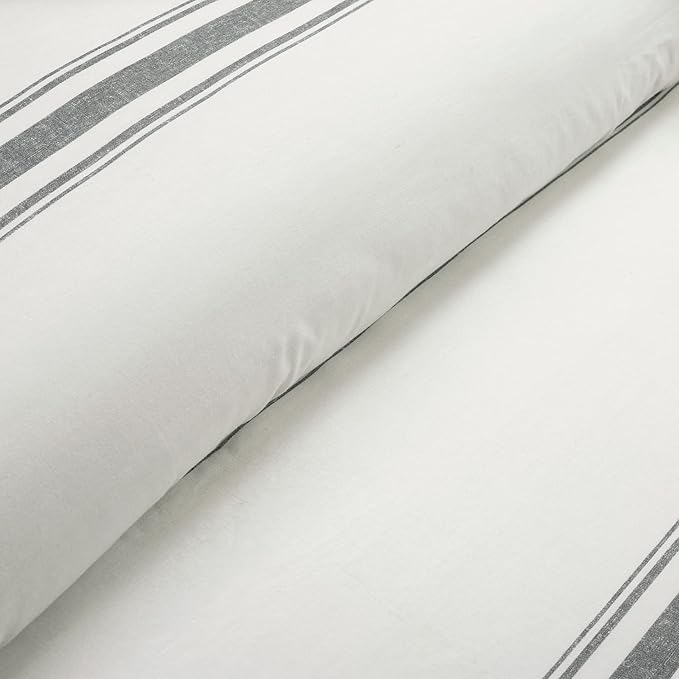 Lush Decor Farmhouse Stripe Reversible Cotton Comforter Set - 3 Piece Cozy Pinstripe Bedding Set - Classic Modern Rustic Charm Bedroom Decor - King, Dark Gray