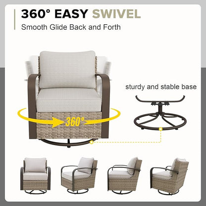 COOS BAY Aurora Terrace Half-Moon Outdoor Furniture Set, Rattan Conversation Set with Swivel Rockers, Curved 4-Seat Sofa, Coffee Table & Side Table, Seats 6, Beige/Beige