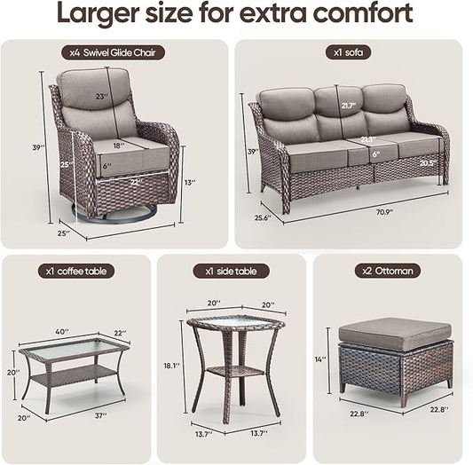 Swivel Patio Chairs sofa Set of 9 with 6" Thick Cushion - Wicker Outdoor Swivel Rocker Patio Chair ,Sofa/Glass coffee table, High Back Comfortable Outdoor Glider Chairs -Brown Wicker | Gery Cushions