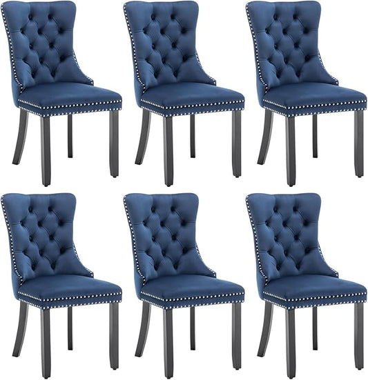 Velvet Dining Chairs Set of 6, Tufted Dining Room Chairs with Nailhead Ring Pull Trim, Upholstered Dining Chairs with Solid Wood Legs for Kitchen Dining Room, Sillas De Comedor (Blue)