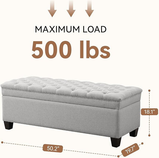50" Storage Ottoman Bench, Rectangular End of Bed Storage Bench, Upholstered Large Fabric Tufted Ottoman with Storage for Living Room, Bedroom, Entryway,Light Gray