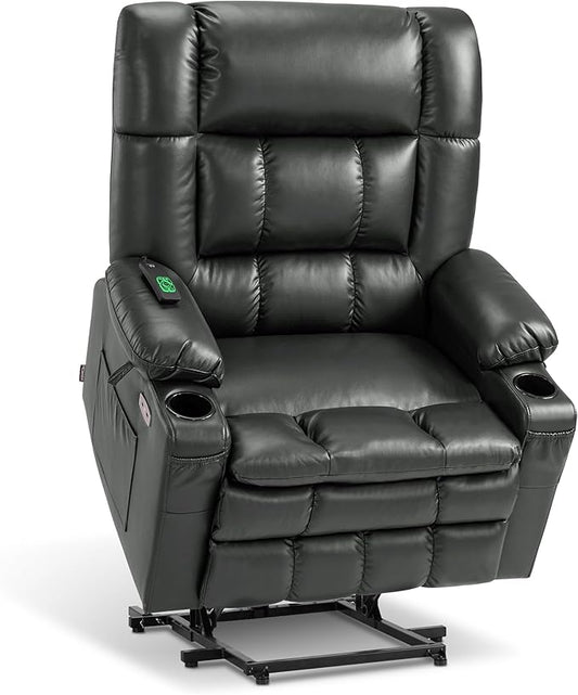 MCombo Dual Motor Power Lift Recliner Chair for Elderly, Lay Flat Lift Chair with Heat and Massage, Oversized Lift Recliner for Big and Tall, Faux Leather R7891 (Grey, Oversized)