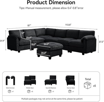 114'' V-Shaped Sectional Cloud Couch with Ottoman, 7-Seater Modular Couches for Living Room, Corduroy Oversized Deep Seat Sofa with Center Stitched, Black