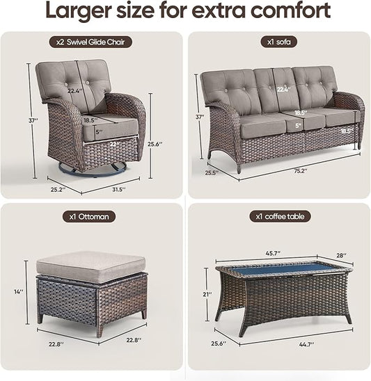 6-Piece Rotating Balcony Chair Set with 31-inch T-Shaped Wide backrest - Rattan Outdoor Rotating Balcony Chairs, Wide backrest Comfortable Outdoor Sliding Chair - Brown | Grey