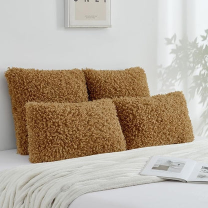 FUTEI Camel Decorative Throw Pillow Covers 24x24 Inch Set of 2,Soft Fluffy Faux Wool Fur Boucle Textured European Cushion Case,Modern Home Decor for Couch Bed Living Room Office