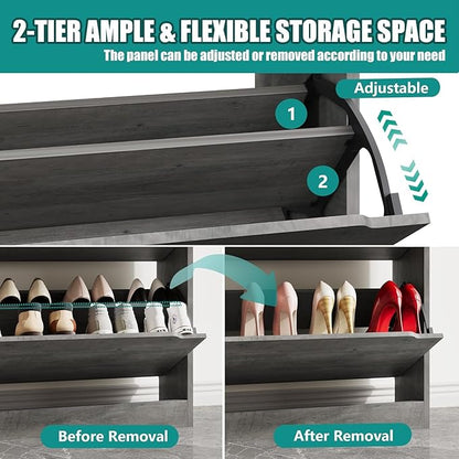 Shoe Storage Cabinet for Entryway with 4 Flip Drawers, Sturdy Wood Hidden Shoe Storage, Freestanding Narrow Slim Shoe Organizer for Front Door Entrance, Living Room, Hallway, Bedroom, Grey