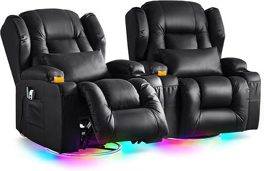 Power Swivel Rocker Recliner Chairs, Electric Wall Hugger Reclining Sofa with Massage & Heat, Comfy Theater Seating Single Chair with LED Light/USB/Type-C Ports (Leather Black, Set of 2)
