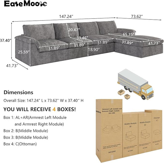 EASE MOOSE Oversized Cloud Couch Sectional Sofa, L-Shaped Large Modular Couch for Living Room, Minimalist Boneless Convertible Couches with Ottoman, 5-Seat Deep Sofas for Bedroom, Chenille (Grey)