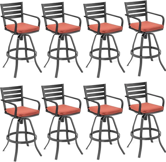 Pellebant 29.5" Outdoor Bar Stools Set of 8, Aluminum Swivel Patio Bar Height Stools with Footrest & Backrest,Rust-Proof Patio Stool Chairs for Deck Lawn Garden(Red)