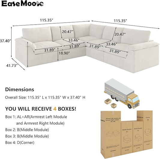EASE MOOSE Oversized Cloud Couch Sectional Sofa, L-Shaped Modular Couch for Living Room, Minimalist Boneless Convertible Couches, 5-Seat Deep Sofas for Bedroom, Chenille (White)