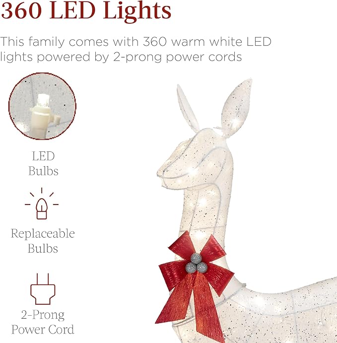 Best Choice Products 3-Piece Large Lighted Christmas Deer Family Set 5Ft Outdoor Yard Decoration with 360 LED Lights, Stakes, Zip Ties - White