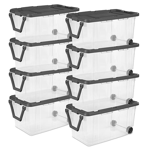 Sterilite 8-Pack Modular Stacker Box, Durable Clear Plastic Storage Bins with Latching Lids, 40 Quart - Stackable Organizing Container Boxes for Closet, Bathroom, and Office