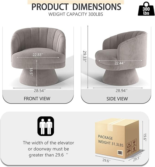 Swivel Accent Chair,Upholstered Velvet 360° Swivel Barrel Chair for Living Room Overstuffed Bouncle Reading Chair Round Armchair for Bedroom,Vanity,Office (Grey)
