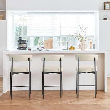 Beige Modern Bar Stools Set of 3, 24 Inch Faux Leather Counter Stools with Curved Backrest, Counter Height Bar Stool for Kitchen Island