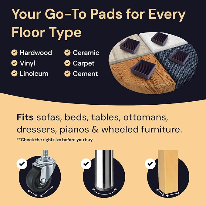 CasterMaster Non Slip Rubber Furniture Cups for Hardwood Floors - 4x4 Brown Round Caster Pads - Heavy Furniture Leg Cups - Set of 4