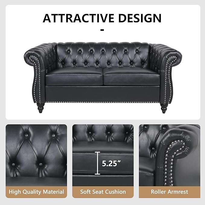 Faux Leather Sofa and Loveseat set, Mid Century Modern Upholstered Couch with Cushions, 2-Piece Home Sofa Living Room Furniture Sets, Comfy Tufted Chesterfield Couches for Bedroom, Office (Black)