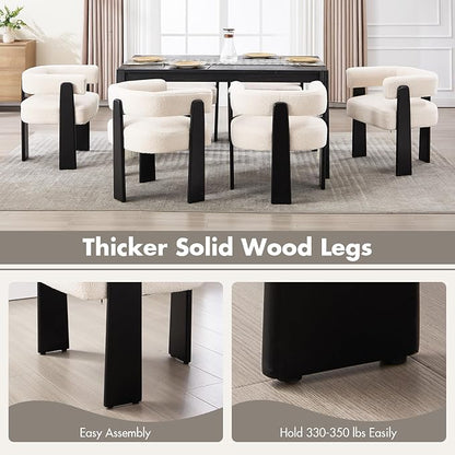 Modern Boho Dining Chairs Set of 6, White Boucle Upholstered Barrel Armchairs with Plush Teddy Fabric, Solid Black Wooden Legs, Mid-Century Accent Chairs for Dining Room, Living Room, Kitchen