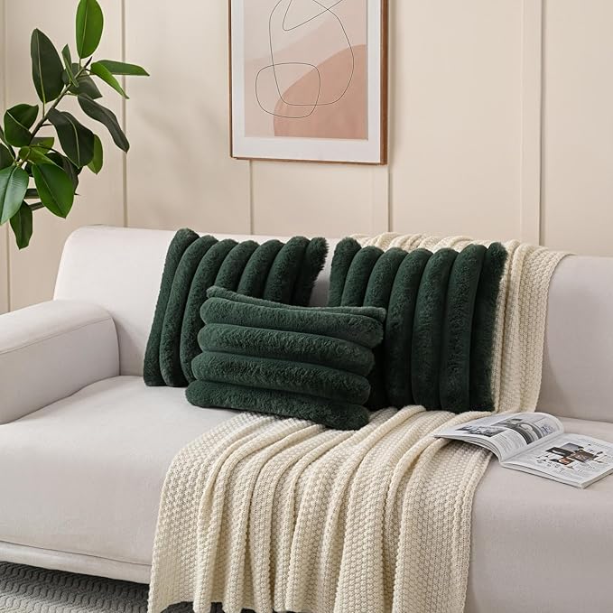 FUTEI Christmas Dark Green Decorative Throw Pillow Covers 20x20 Inch Set of 2, Square Soft Faux Rabbit Fur Thick Striped Cushion Cover,Winter Home Decor for Couch Bed Living Room