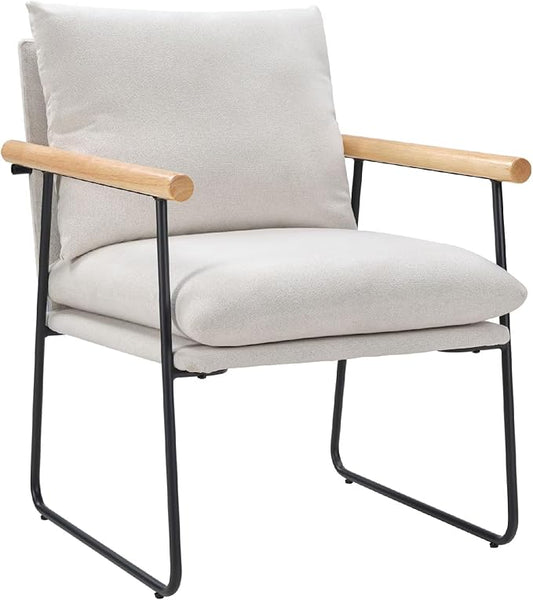Accent Chair for Living Room,Arm Chair for Bedroom,with Wooden Arms, Wide Large Plus Size Cushion,Metal Frame,Reading Bedroom Chair Armchair for Home/Office/Cafe/Apartment/Waiting Room,White