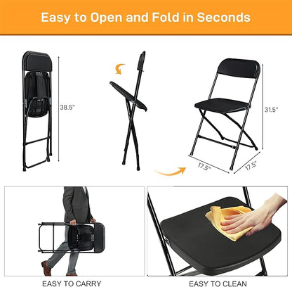 90 Pack Black Plastic Folding Chairs, Portable Party Chairs, Stackable Commercial Seats with Steel Frame for Home Office Wedding Party Indoor Outdoor Events Chairs, 350lbs Capacity