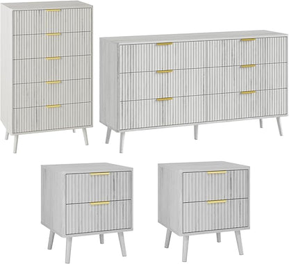 LYNSOM Fluted Dresser and Nightstand Sets 4 Piece, 2-Drawer Nightstands and 5/6 Drawers Dresser, Wood Bedroom Furniture Set for Home, Bedroom, Hallway, White