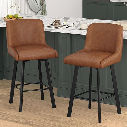 Swivel Bar Stools Set of 2, 26''H Upholstered Barstools with Backs, Modern Counter Height Bar Stool Chairs for Kitchen Island, Metal Legs, Faux Leather, Brown Counter Stools