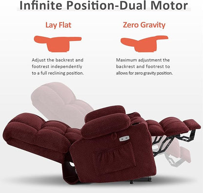 MCombo Dual Motor Large Power Lift Recliner Chair for Elderly, Lay Flat Lift Chair with Heat and Massage, Big Lift Recliner for Tall People, Cup Holders, Fabric 7896 (Large, Burgundy)