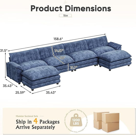Furniwell Modular Sectional Sofa with Moveable Ottoman, Oversized 3-Seater Couch with Supportive Backrest, Chenille Convertible Sofa Couches for Living Room/Apartment (Blue, U Shaped)