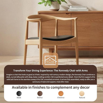 Tomile Upholstered Dining Chair Kennedy Armchair, Mid Century Modern Kitchen & Dining Chairs with PU Leather Cushion Seat, Hans Wegner Elbow Chair for Living Room Bedroom Office (Natural Wood Color)