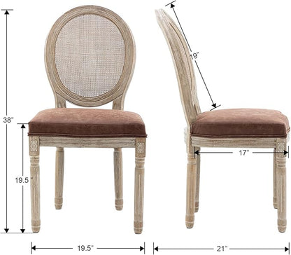 Farmhouse Leather Dining Chairs Set of 2 French Dining Room Chairs with Round Rattan Back Bistro Chairs for Dining Room/Living Room/Restaurant/Kitchen, Brown