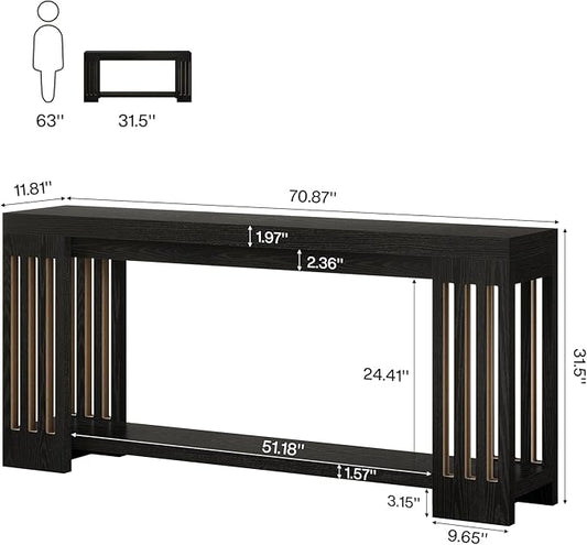 Tribesigns 2-Tier Extra Long Entryway Table, 70.9-Inch Farmhouse Console Table with Vertical Stripe Legs and with Open Shelves for Living Room, Hallway, Black