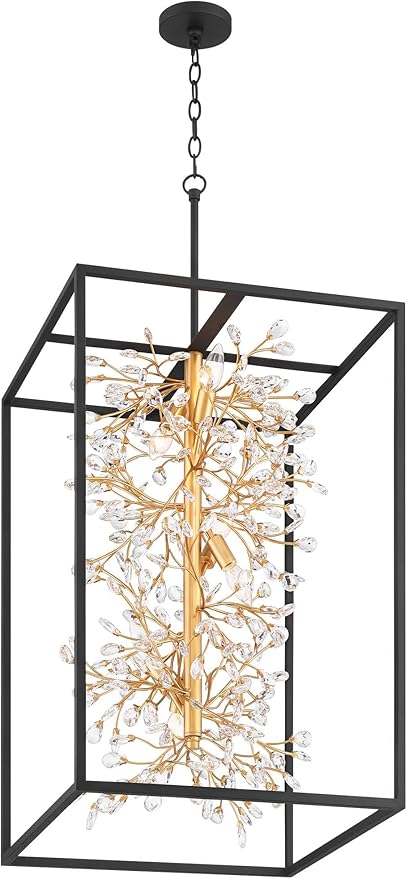 Possini Euro Design Carrine 20" Modern Pendant Chandelier Ceiling Light Fixture Dining Room Over Table Kitchen Island Foyer Hanging Unique 6-Light Black Gold Finish Crystal Metal Hallway Entryway