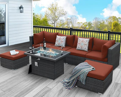 NICESOUL 7 Piece Oversized Patio Furniture Sofa Set with Fire Pit Table Propane Natural Gas Convertible, 29.3'' High Back Sturdy Outdoor Conversation for Heavy People, 2 Color Cushion Wine & Gray