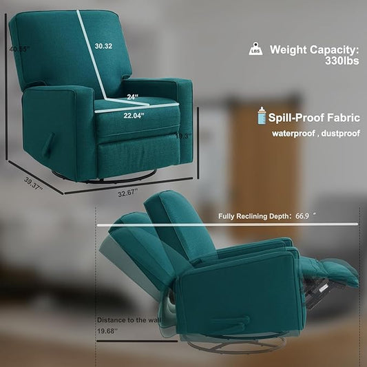 Harkawon Swivel Rocker Recliner Chair, Glider Rocker Recliner, Rocking Chair Nursery, Fabric Chair with High Back, Deep Seat, for Living Room, Bedroom, Green