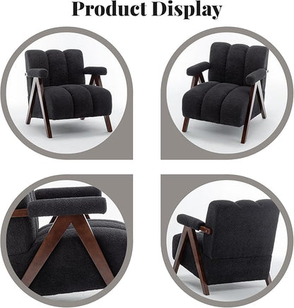 Mid Century Modern Accent Chair with Solid Wood Frame, Boucle Upholstered Living Room Chairs with Thick Cushion, Comfy Tufted Arm Chair for Bedroom, Black