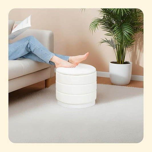PINPLUS Round Velvet Ottoman Tray, White Upholstered Decorative Accent for Footstool or Coffee Table, Removable Serving Surface