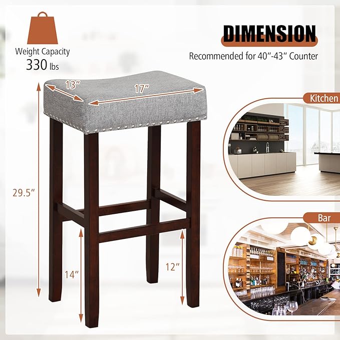 COSTWAY Counter Height Bar Stools Set of 2, 29.5-inch Backless Saddle Stools with Nailhead Trim, Rubber Wood Frame, Footrest, Max Load 330 Lbs, Upholstered Barstools for Kitchen Island Pub, Grey