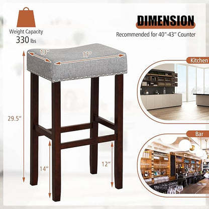 COSTWAY Counter Height Bar Stools Set of 2, 29.5-inch Backless Saddle Stools with Nailhead Trim, Rubber Wood Frame, Footrest, Max Load 330 Lbs, Upholstered Barstools for Kitchen Island Pub, Grey