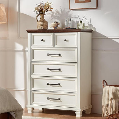 Farmhouse Bedroom Dresser and Nightstand Set of 4, 6 Drawer Tall & Low Dresser & 3 Drawer Nightstand Set with Wooden Legs, Rustic Wood Bedroom Furniture Sets for Livingroom, Hallway, White