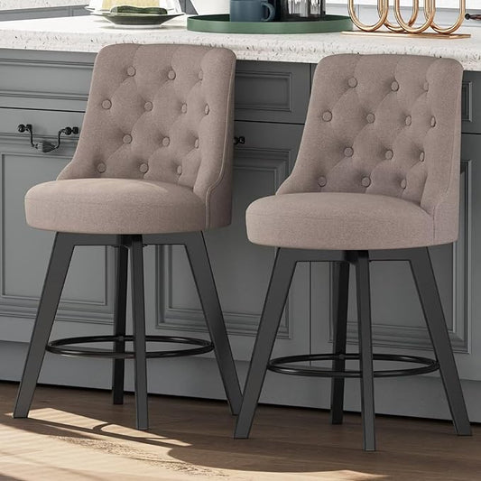 MINCETA Set of 2 Upholstered Bar Stools - 26 Inch Swivel Counter Height Stools with Low Tufted Back, Footrest & Performance Fabric - Round Seat for Kitchen Island & Home Bar Taupe