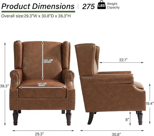 Accent Chair Set of 2, Upholstered Leather High Back Armchair with Nailhead Trim & Wood Legs, Comfy Wingback Reading Single Sofa Chair for Small Spaces, Living Room, Bedroom-Leather Brown, 2 SEAT