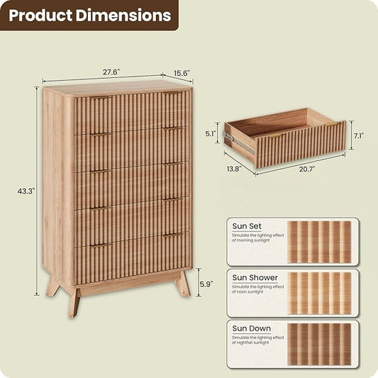 43'' Hight 5 Drawers Dresser for Bedroom,Modern Fluted Vertical Chest with Rounded Corners,Fluted Dresser for Living Room,Hallway, Natural Wood