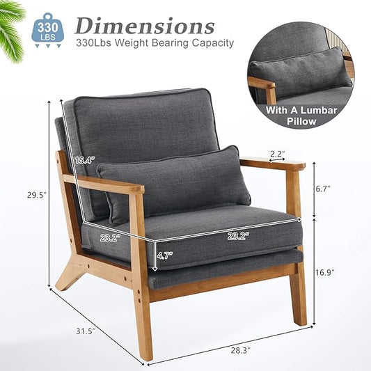 VINGLI Solid Wood Wide Armrests Accent Chair,Upholstered Mid Century Modern Chair with Pillow,Comfy Reading Chair Farmhouse Arm Chair,Chairs Living Room,Bedroom,Guest Room,Linen Fabric,Dark Grey