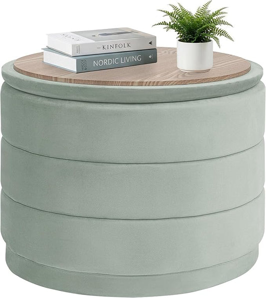 PINPLUS Large Round Velvet Storage Ottoman, Sage Upholstered Footstool with Hidden Storage, Sturdy Coffee Table Ottoman for Living Room & Bedroom