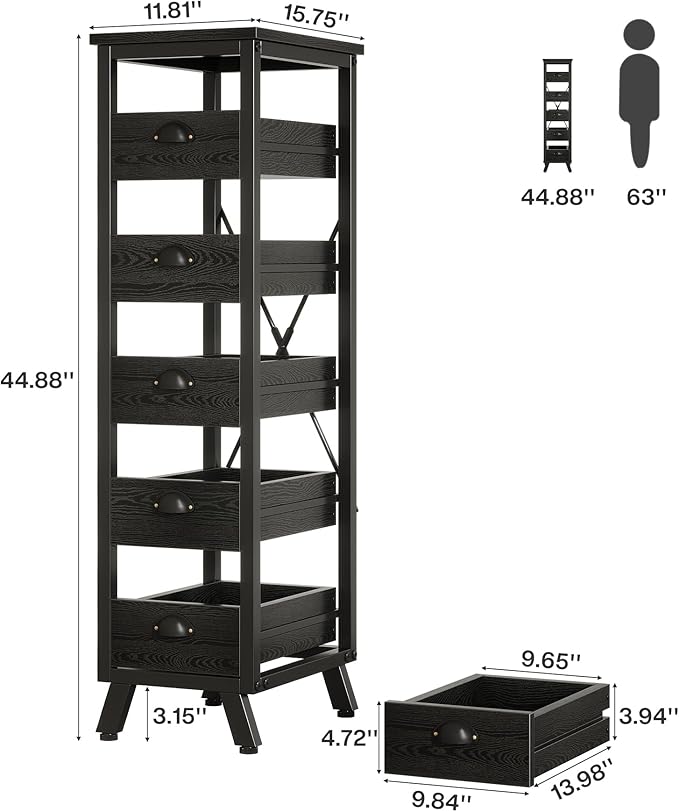 Tribesigns Black Wood Fruit and Vegetable Storage Rack, 5-Tier Narrow Snack Stand Kitchen Stand Fruit Basket, Pull-Out Utility Organizer for Kitchen, Living Room