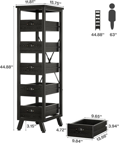 Tribesigns Black Wood Fruit and Vegetable Storage Rack, 5-Tier Narrow Snack Stand Kitchen Stand Fruit Basket, Pull-Out Utility Organizer for Kitchen, Living Room