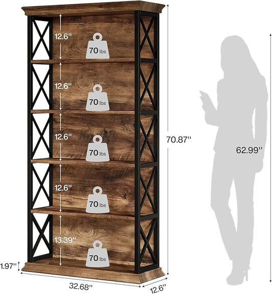 Tribesigns 71-Inch Tall Bookcase, 5-Tier Industrial Metal Bookshelf, Large Etagere Bookcases and Bookshelves, Freestanding Display Shelves for Living Room, Bedroom, Rustic Brown and Black