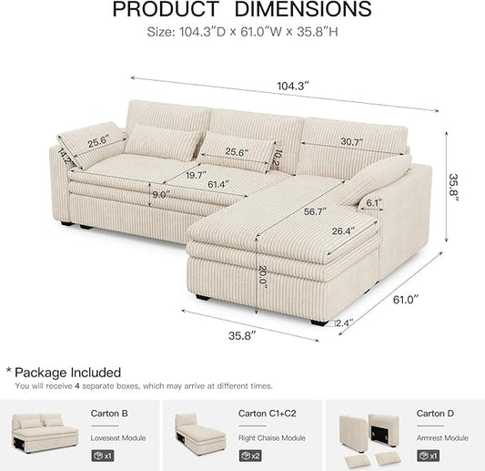Belffin Large Modular Sectional Sofa with Deep Chaise, 104" Corduroy L Shaped Couch with 9" Soft Dual-Layer Seats Cushion for Living Room, Apartment, Beige