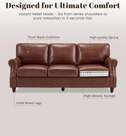 Kingfun Mid-Century Modern Couch, Faux Leather Sofa, 3 Seater Couch for Living Room with Rolled arms & Nailhead Trim, Dark Coffee