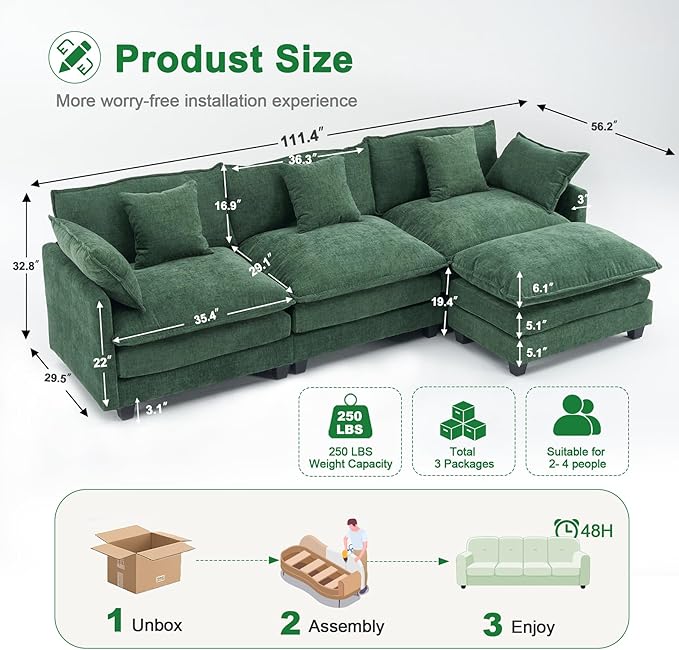 111.4" Cloud L Shaped Sectional Couch with Ottoman｜Modular Chenille Sofa with 29.1" Deep Seat｜FSC Solid Wood Frame｜Easy Assembly & 1YR Guarantee｜for Living Room Bedroom Apartment